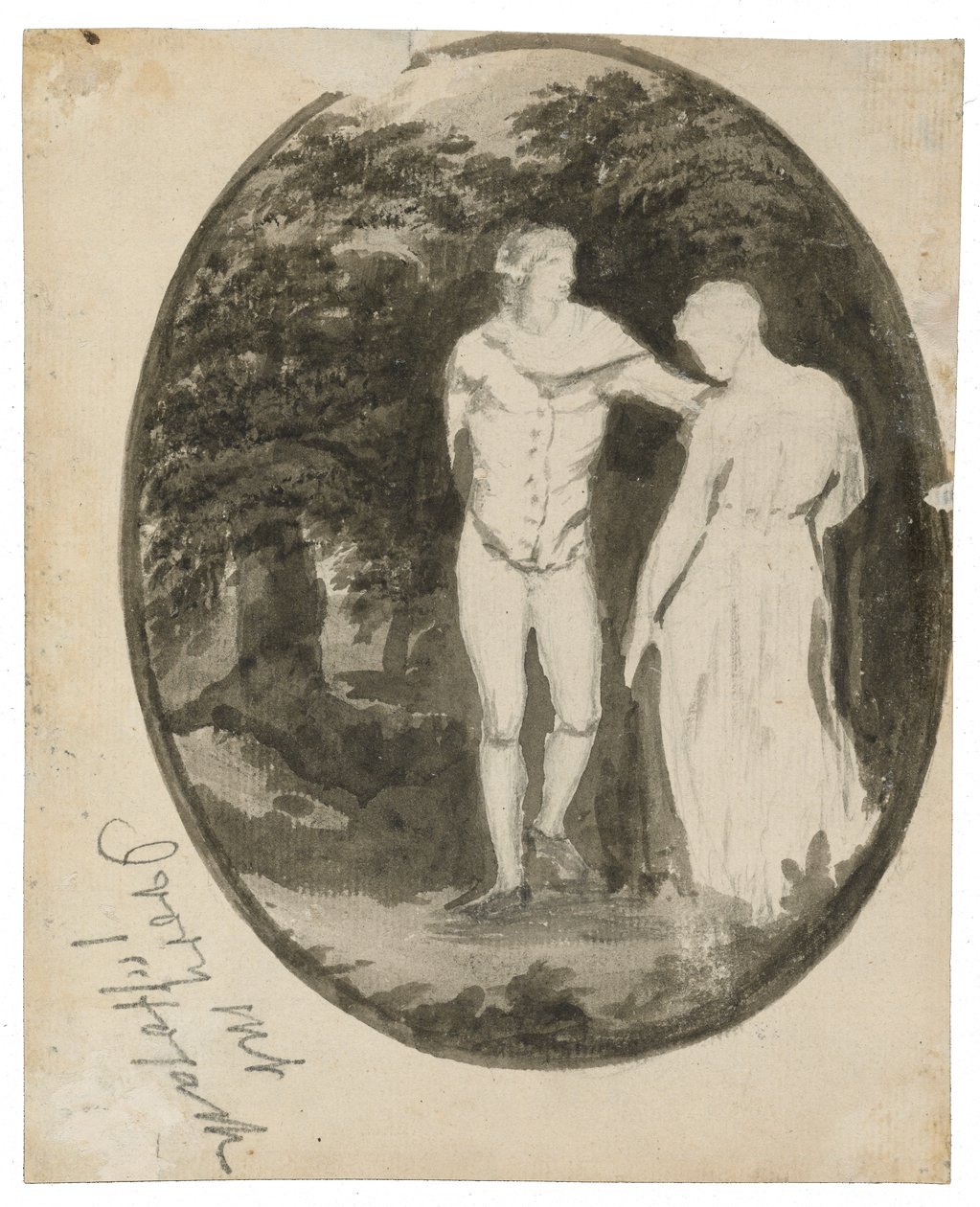 Pariskunta metsäisessä maisemassa soikeassa (verso), c. 1838-1848 (muste ja pesu paperille) tekijältä Edward Lear