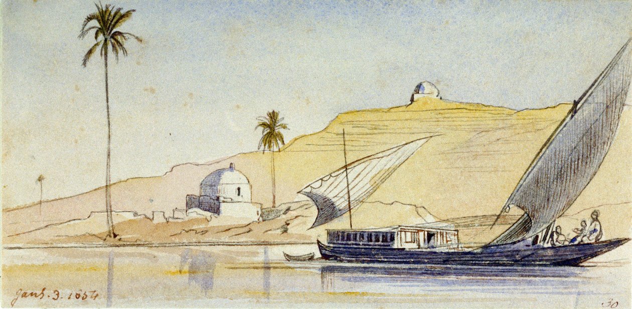 Suuri egyptiläinen fellucca Niilillä (Egypti), jyrkkien rantojen edessä, palmu ja kaksi valkoista marabouttia, jotka korostavat maiseman aavikkomaisemaa. tekijältä Edward Lear