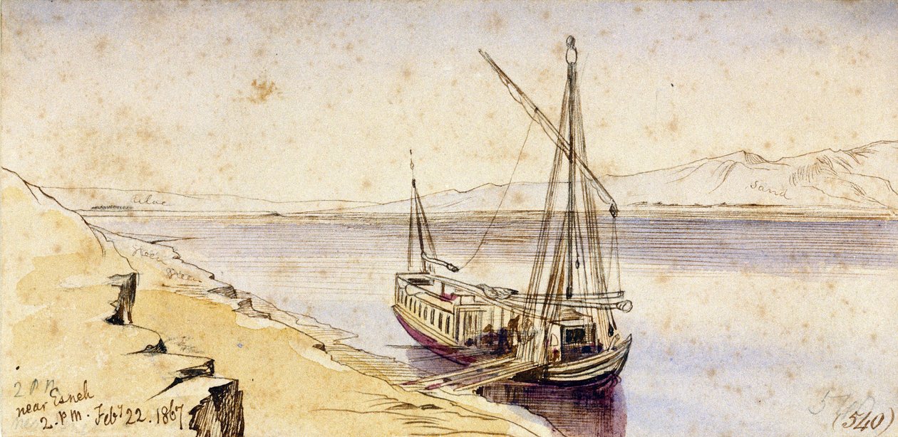 Perinteinen egyptiläinen vene telakoitumassa Niilin rannalle lähellä Esnehiä (Egypti). Värillinen akvarellipiirros tekijältä Edward Lear