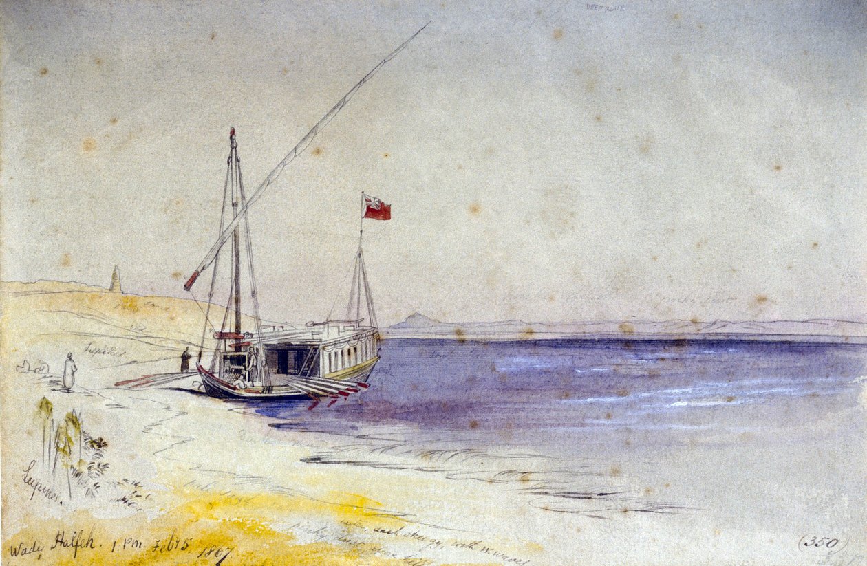 Egyptiläinen vene Niilin rannalla, lähellä Wady Halfehia (Egypti). Värillinen akvarellipiirros tekijältä Edward Lear
