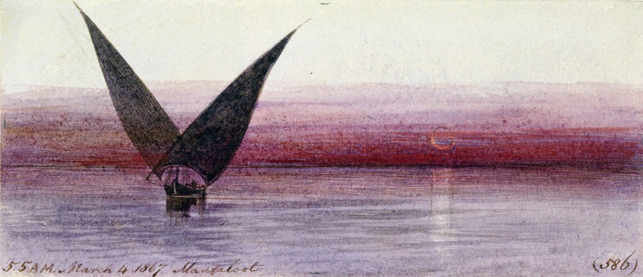 Egyptiläinen vene Niilillä Manfalootissa (Egypti). Värillinen akvarellipiirustus tekijältä Edward Lear
