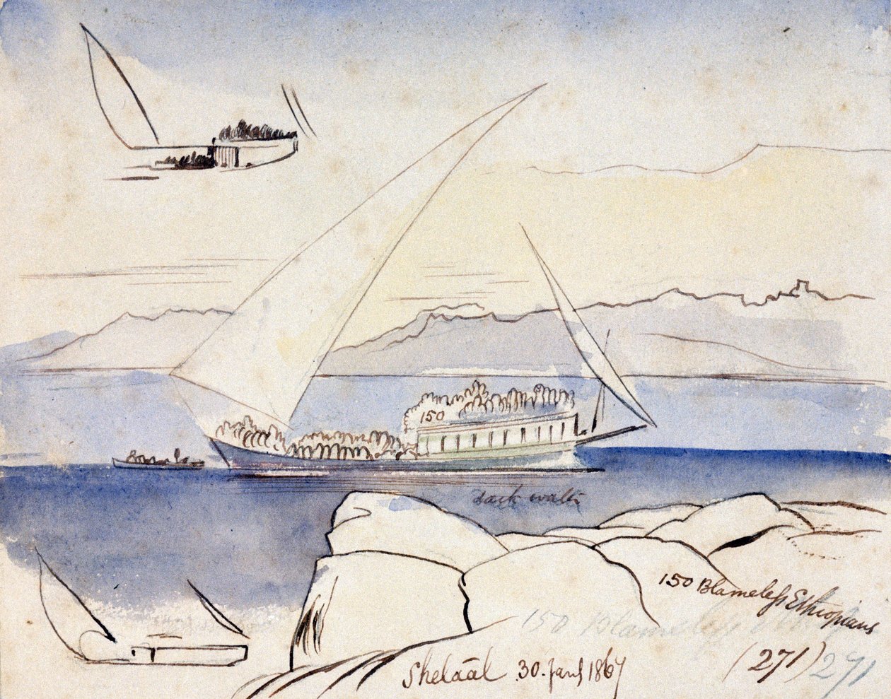Egyptiläinen dhow Niilillä, lähellä Shetaalia (Egypti). Värillinen akvarellipiirros tekijältä Edward Lear