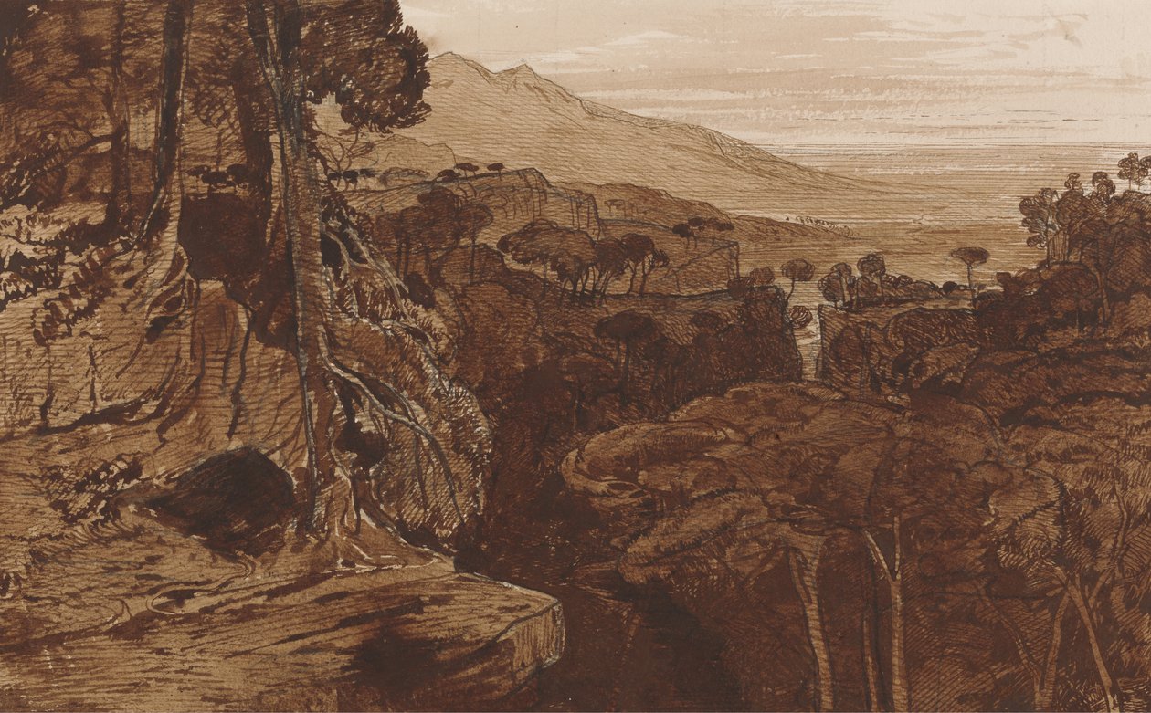 Bavella, Korsika, n. 1868 (kynä ja muste pesulla paperille) tekijältä Edward Lear