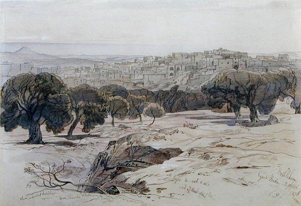 Betlehem - Pitkäperjantai, 2. huhtikuuta 1858 (kynä, muste ja akvarelli paperille) tekijältä Edward Lear