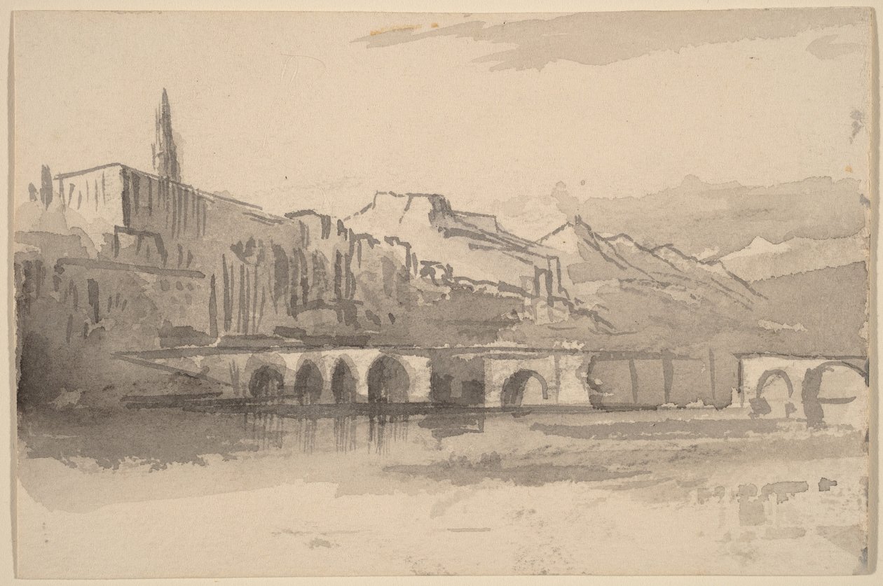 Silta ja taustalla näkyvät vuoret (Ventimiglia) tekijältä Edward Lear