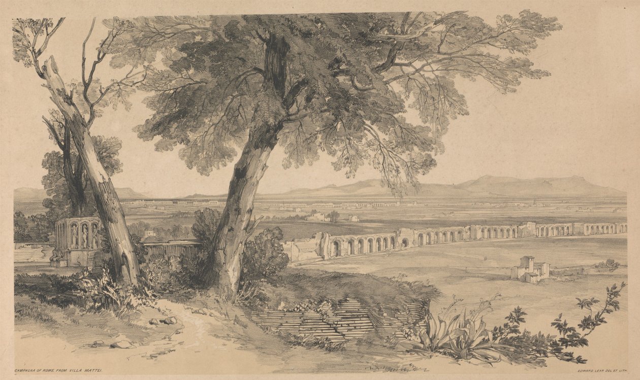 Rooman maaseutu Villa Matteista nähtynä, teoksesta ”Näkymiä Roomasta ja sen ympäristöstä”, 1841 tekijältä Edward Lear