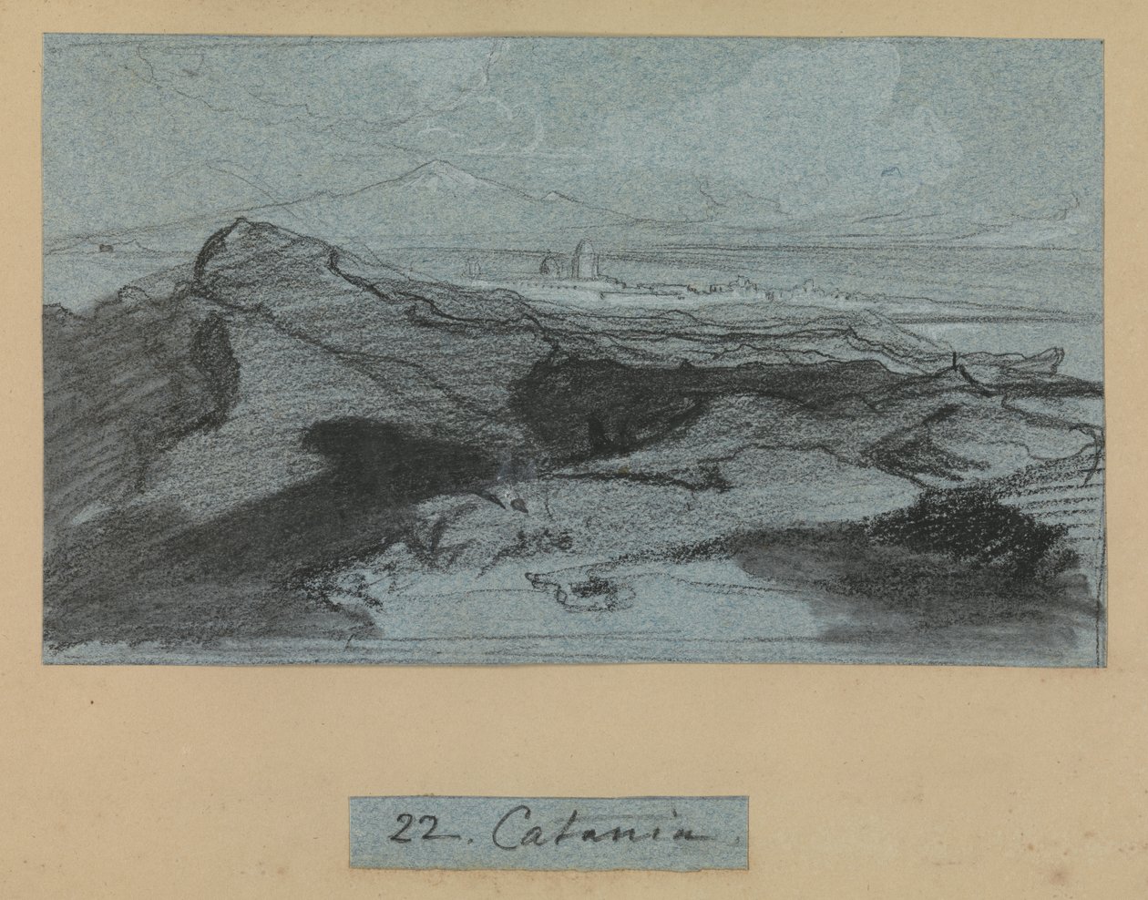 Catania, Näkymät Sisiliaan (liitu ja guassi sinisellä paperilla) tekijältä Edward Lear