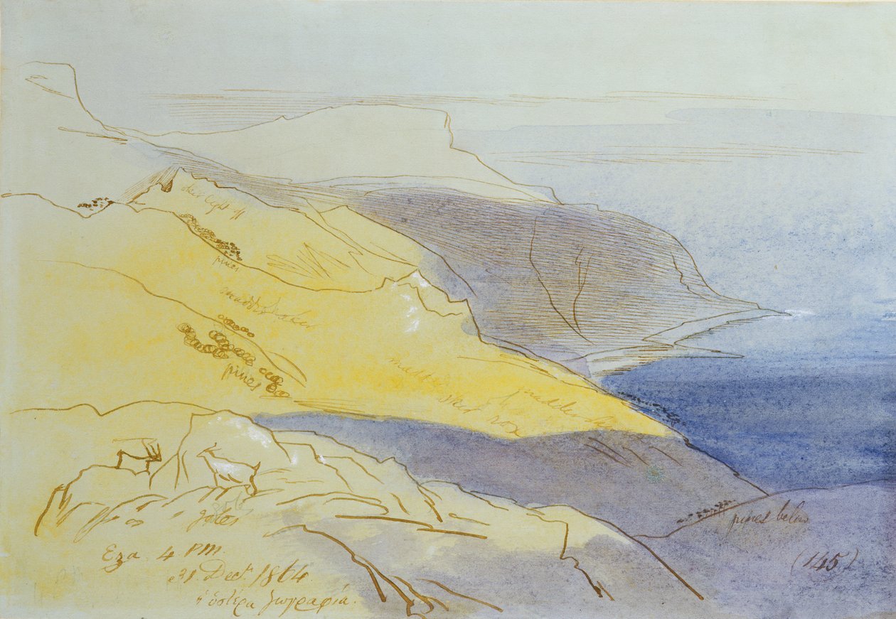 Rannikkomaisema, Eza, 1864 (wc, kynä ja muste paperille) tekijältä Edward Lear
