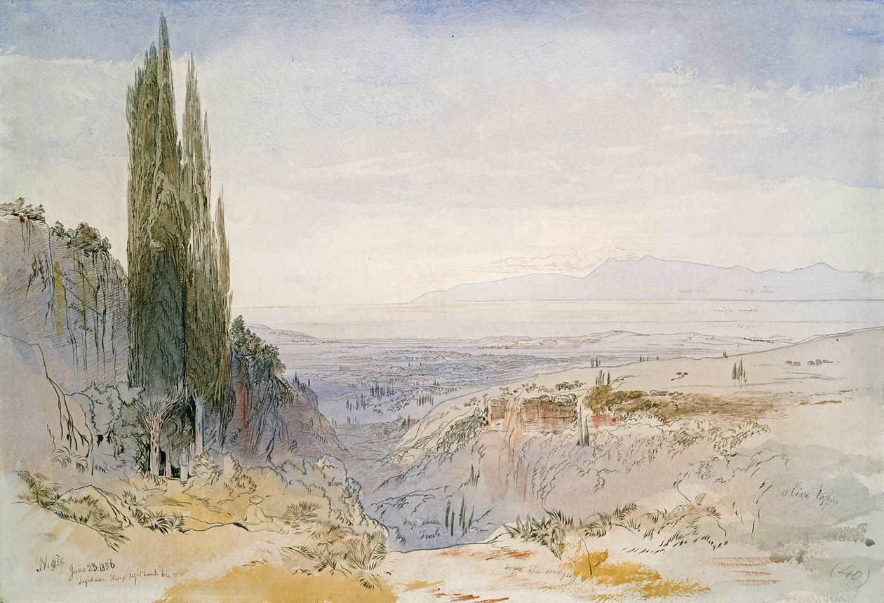 Korfu, Nimfit, 1856 (kynä & muste ja wc paperilla) tekijältä Edward Lear