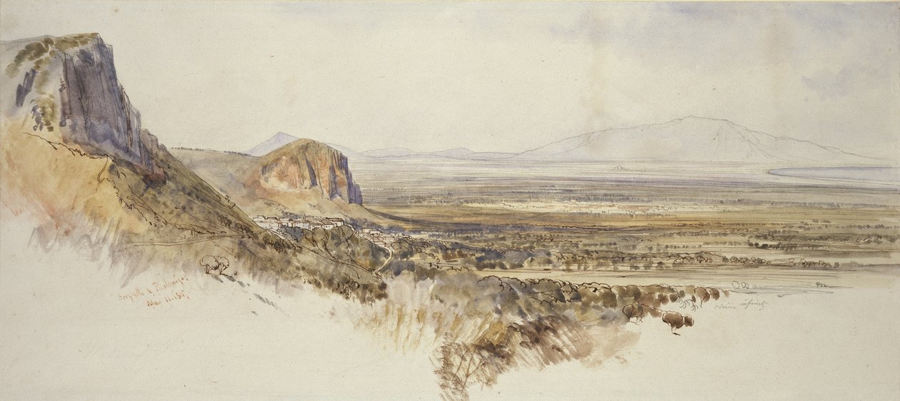 Kaukainen näkymä Borghettoon ja Partenicoon, Sisiliaan, 1847 (kynä ja ruskea muste vesivärillä ja grafiitilla luonnonvalkoisella paperilla) tekijältä Edward Lear