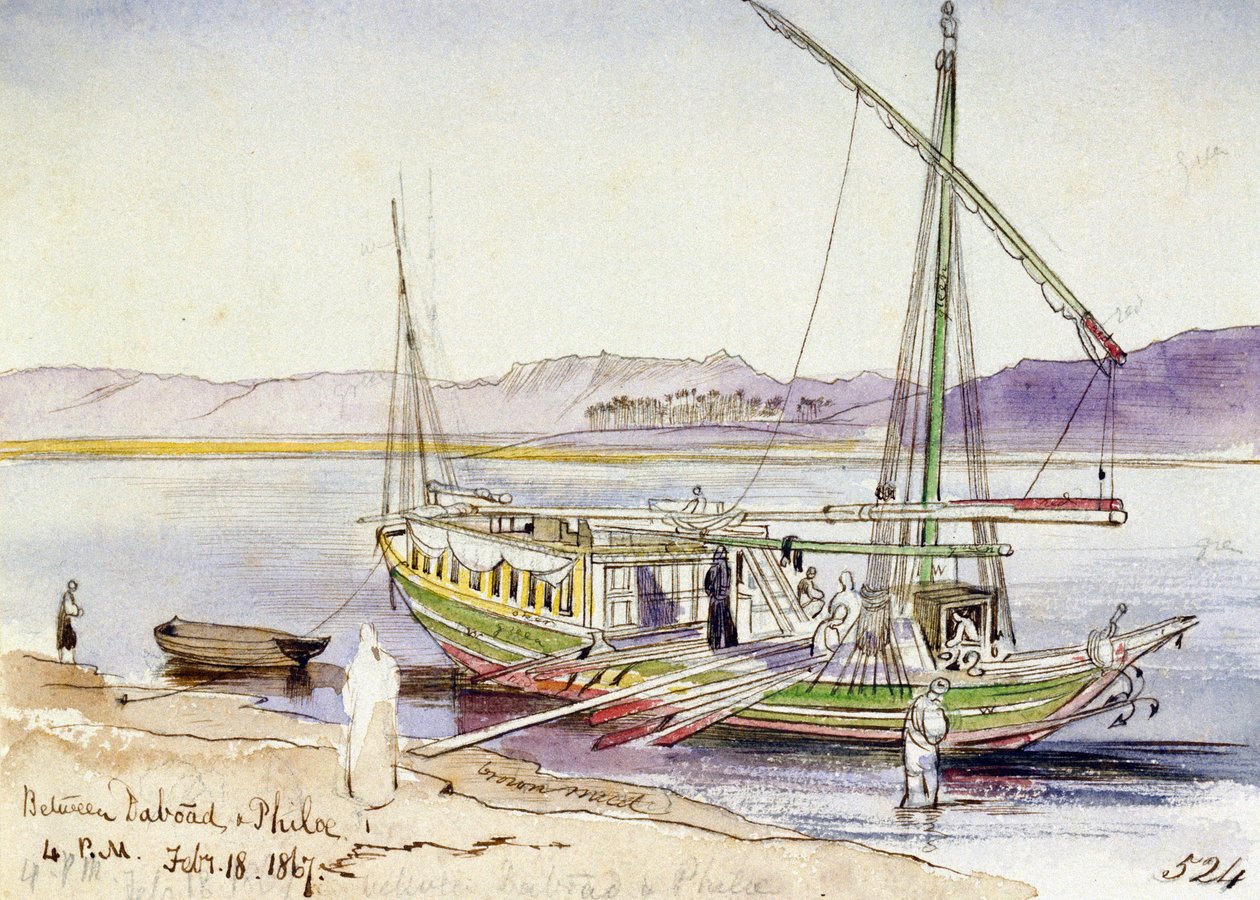 Egyptiläinen laiva, joka on laiturissa Niilin rannalla, Daboadin ja Filan välillä (Egypti). Värillinen akvarellipiirustus tekijältä Edward Lear