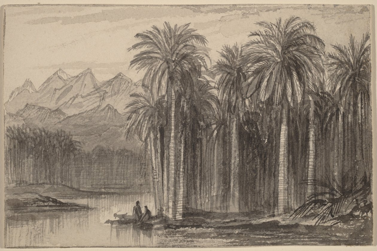 Hahmot lähtevät kanooteilla palmulehdosta (Wadi Feiran) tekijältä Edward Lear