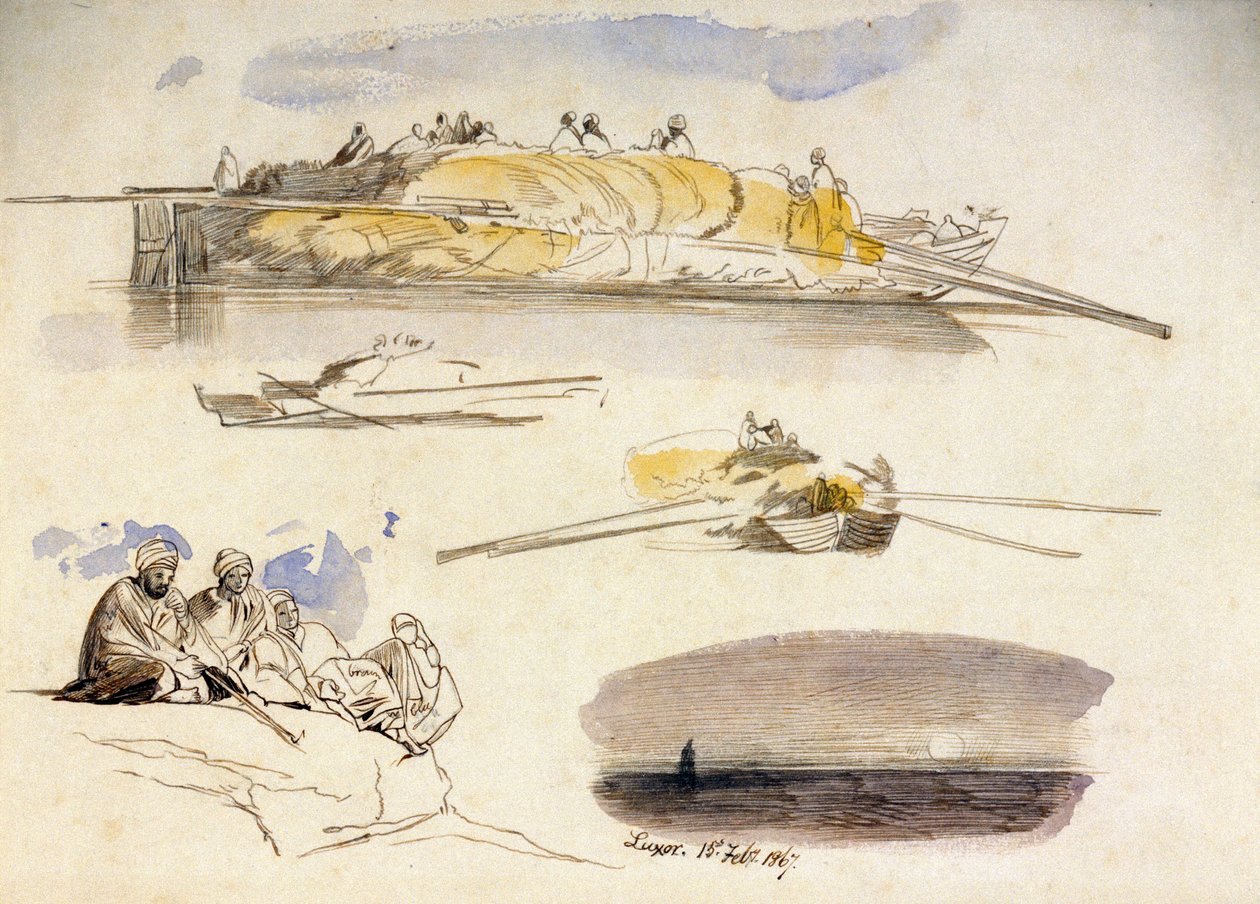Viisi luonnosta Luxorista (Egypti), kolme näkymää oljilla lastatusta asuntoveneestä, luonnos viidestä istuvasta egyptiläisestä ja maisema hämärässä. tekijältä Edward Lear