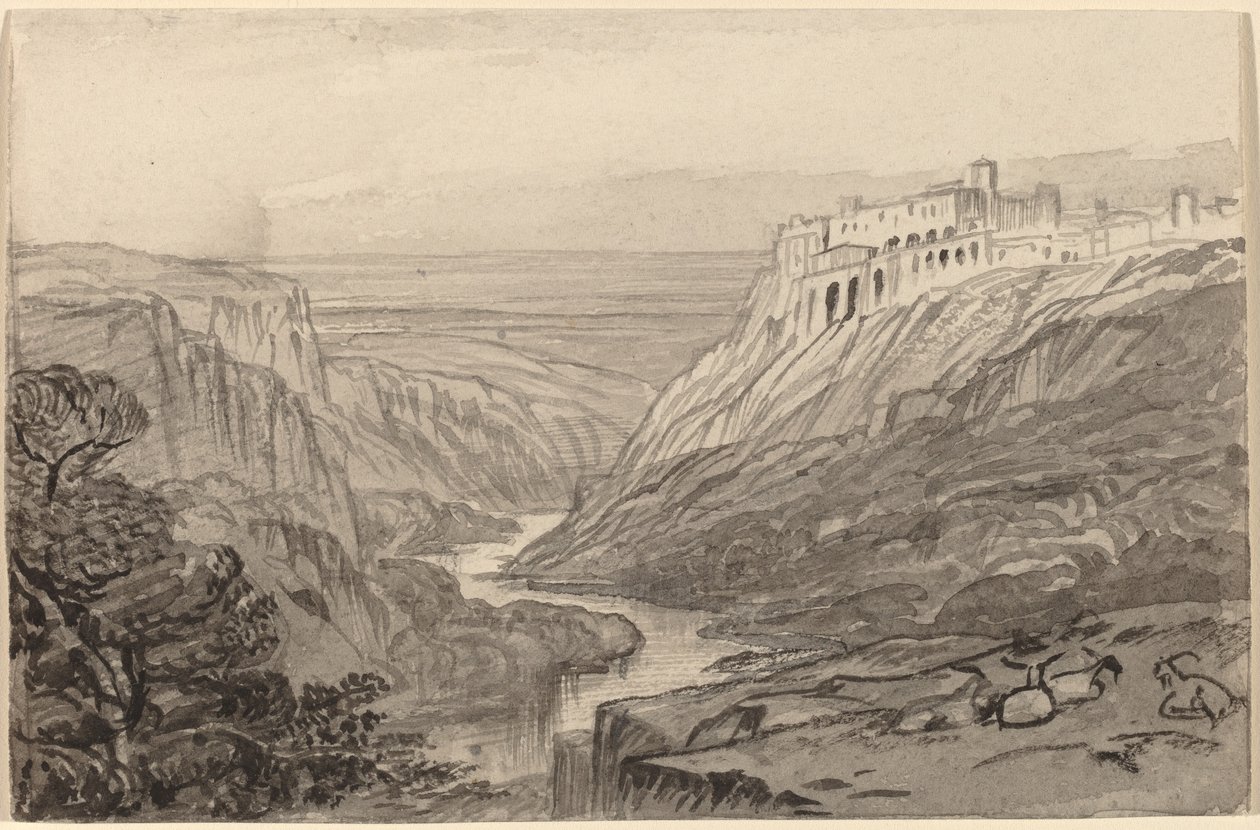Vuohet lepäävät joen rotkon yläpuolella (Narni, Italia) tekijältä Edward Lear