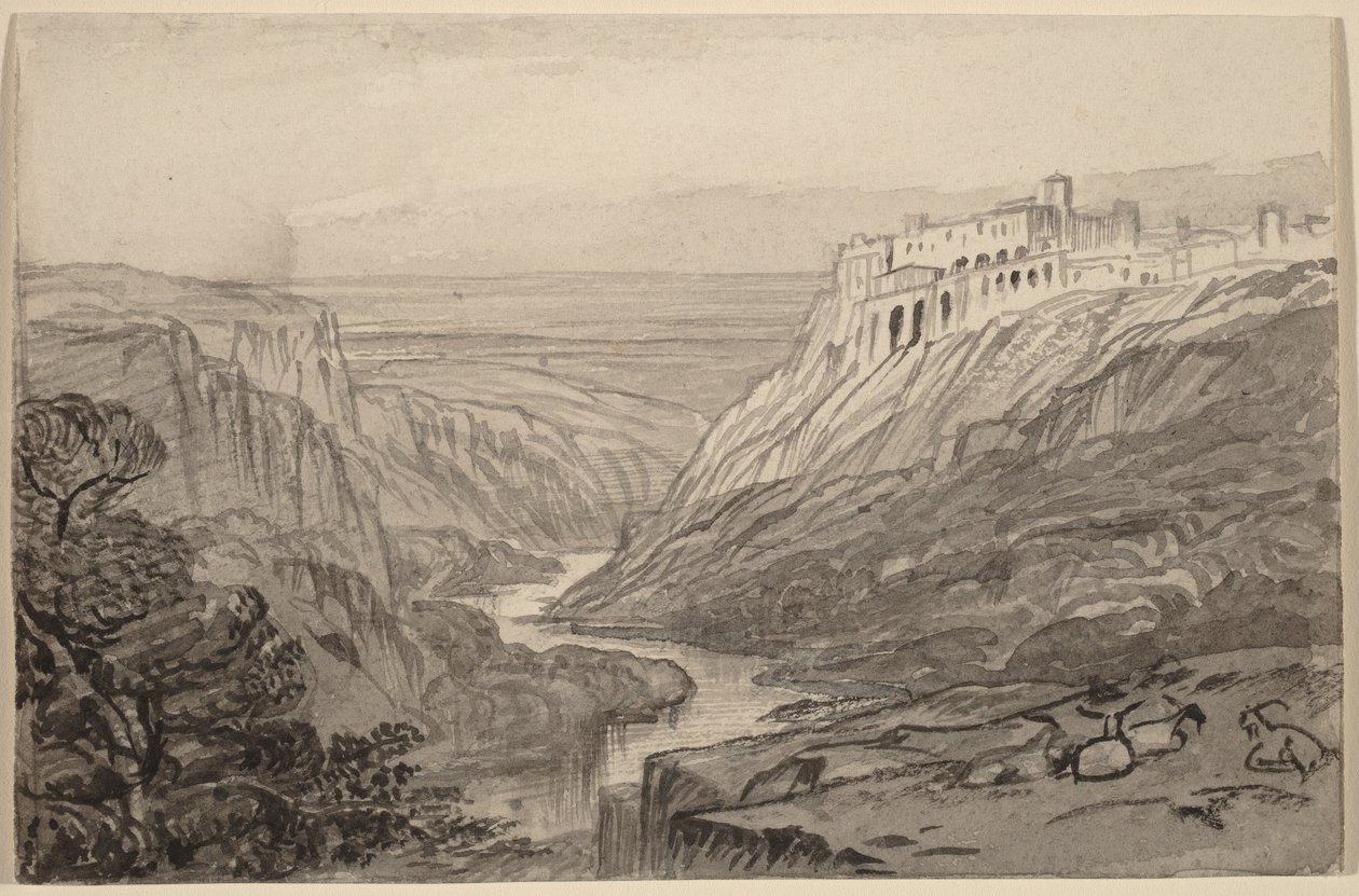 Vuohia lepäämässä joen rotkon yläpuolella (Narni, Italia) tekijältä Edward Lear