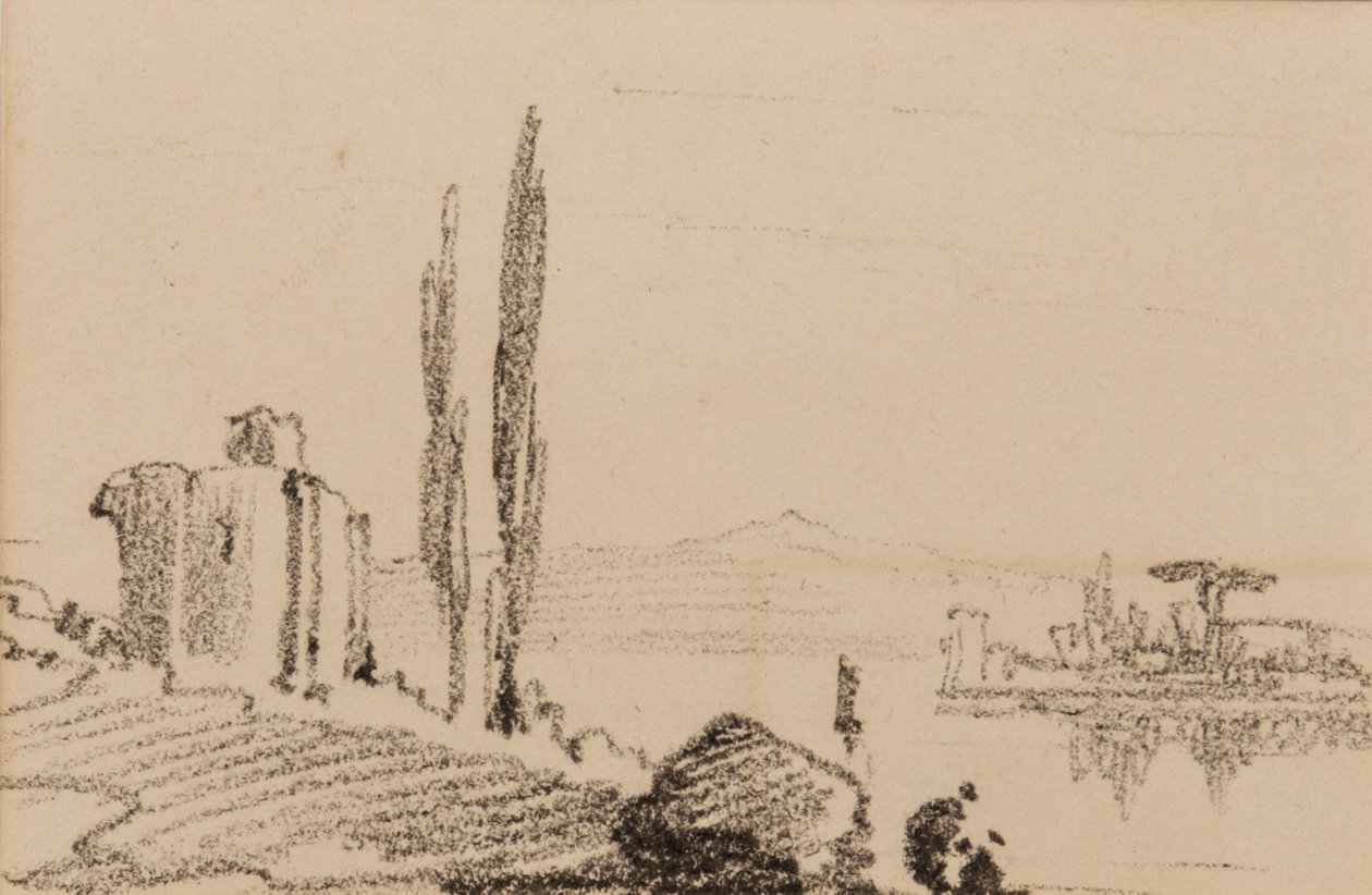 Italialainen capriccio, n. 1837 (musta liitu paperille) tekijältä Edward Lear