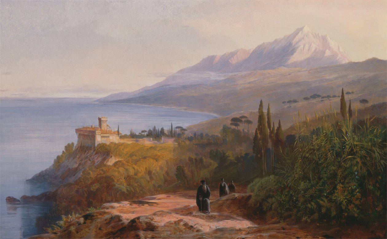 Athos-vuori ja Stavroniketesin luostari, 1857. tekijältä Edward Lear