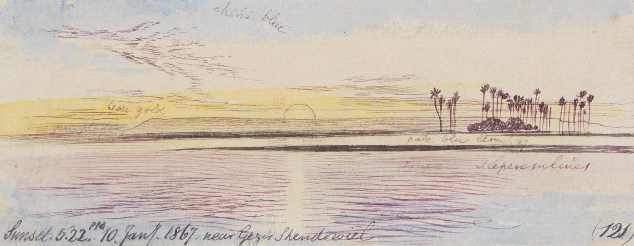 Gezir Shendowielin lähellä; auringonlasku, klo 17.22, 10. tammikuuta 1867 (121) tekijältä Edward Lear