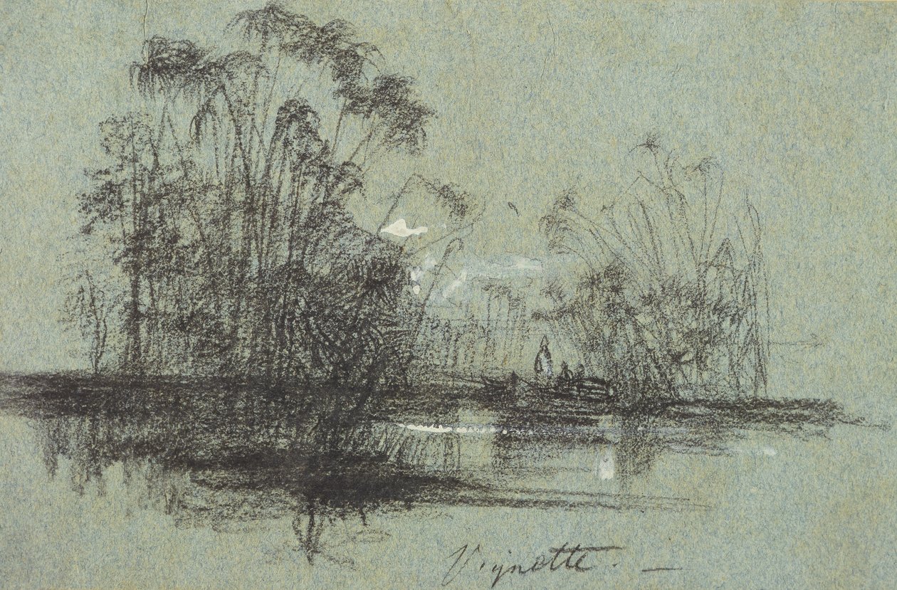 Papyrus anapuksella, Views of Sicilysta (musta liitu ja vartaloväri sinisellä paperilla) tekijältä Edward Lear