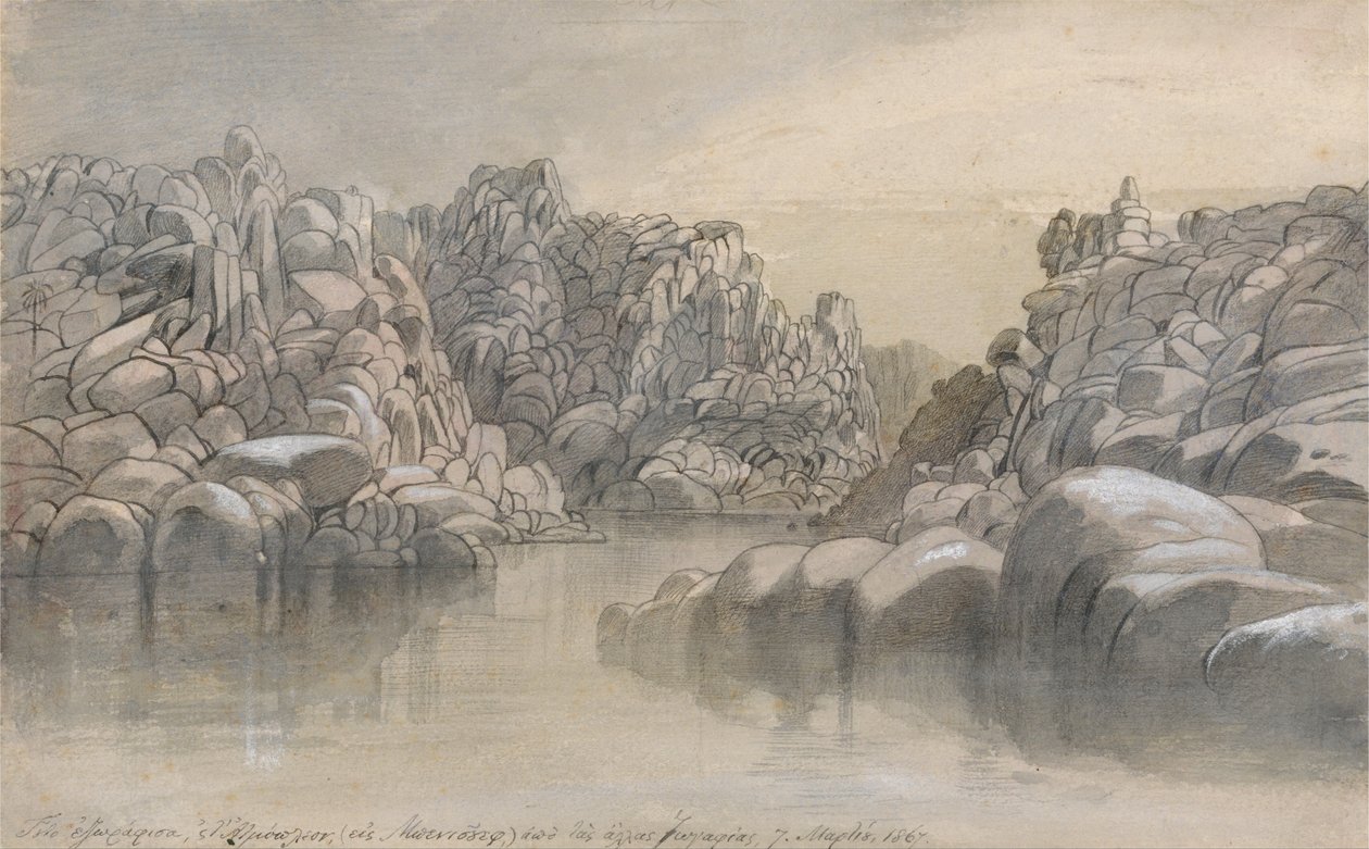 Joen sola puoliksi karujen kalliojyrkänteiden välissä. tekijältä Edward Lear