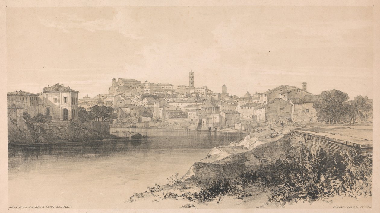 Rooma Via della Porta San Paolon näkökulmasta, teoksesta ”Näkymiä Roomasta ja sen ympäristöstä”, 1841 tekijältä Edward Lear