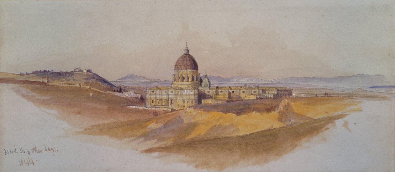 Pyhän Pietarin Rooma nähtynä Villa Dorta Pamphilista (akvarelli) tekijältä Edward Lear