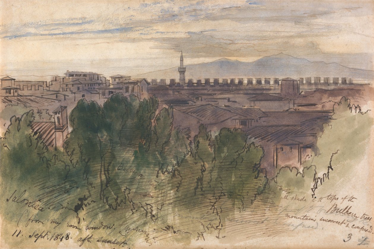 Thessaloniki, huoneeni ikkunasta nähtynä, 11. syyskuuta 1848, auringonlaskun jälkeen tekijältä Edward Lear