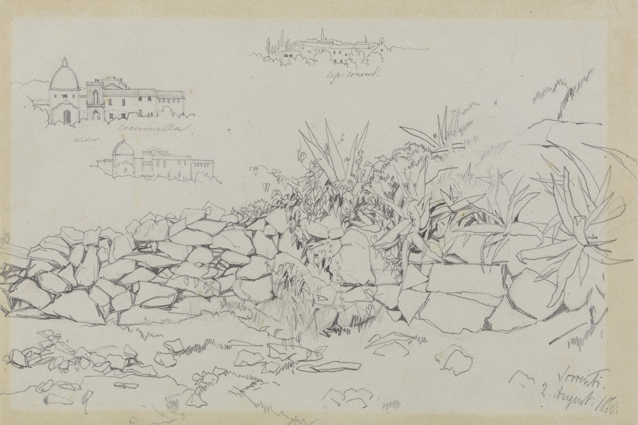 Sorrento, 2. elokuuta 1838 (grafiitti harmaalla kudottupaperilla) tekijältä Edward Lear