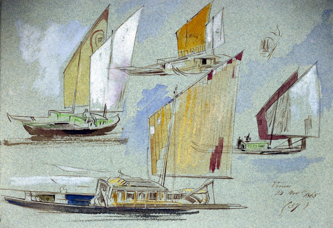Tutkimuksia venetsialaisista veneistä täydessä purjehduksessa. Edward Learin (1812-1888) värillinen akvarellipiirustus. tekijältä Edward Lear