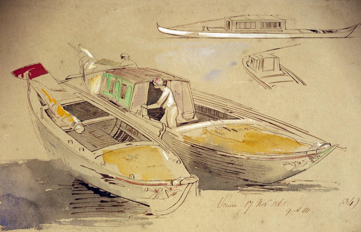 Tutkimuksia venetsialaisista veneistä rannalla. Edward Learin (1812-1888) värillinen akvarellipiirustus. tekijältä Edward Lear