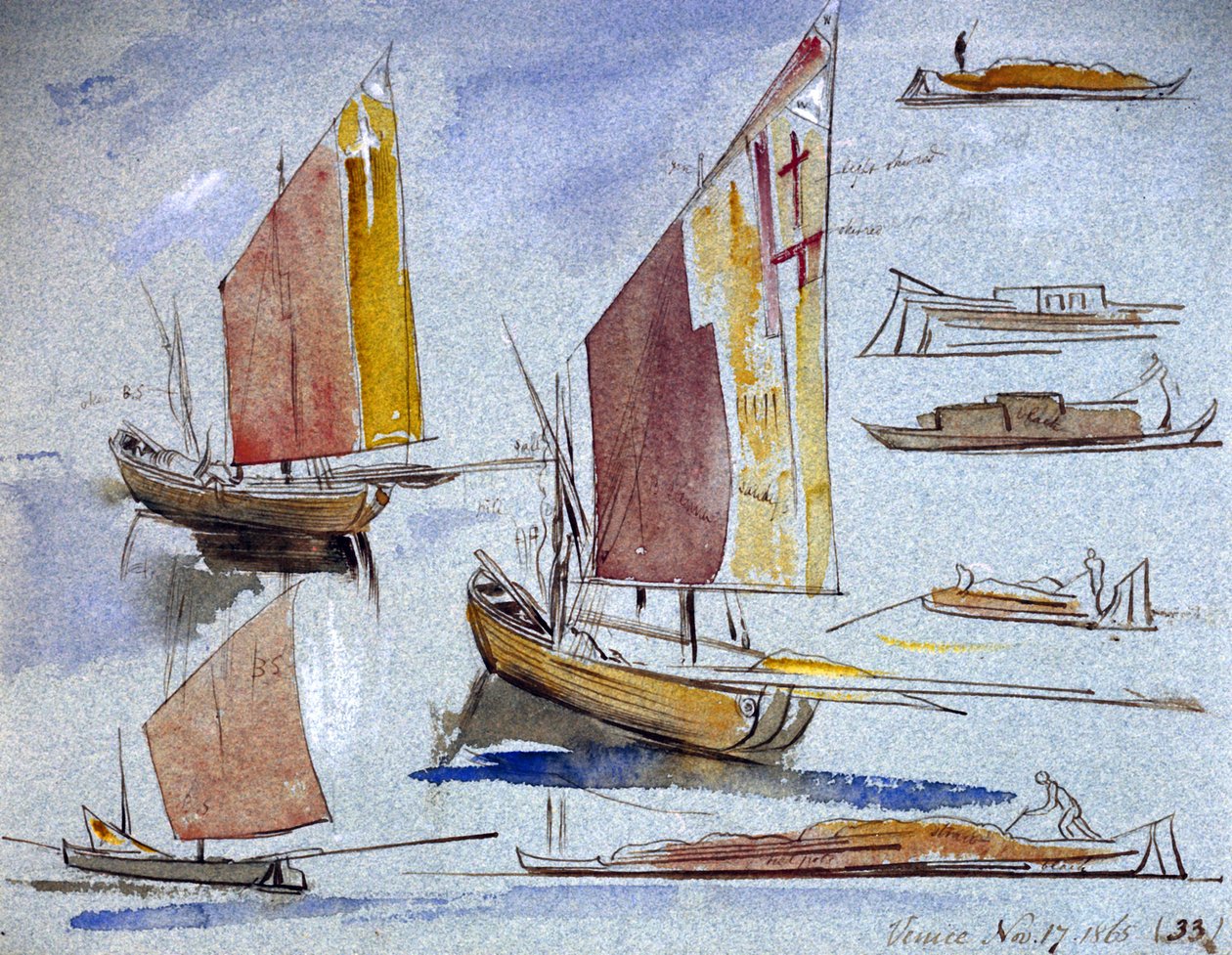 Tutkimuksia venetsialaisista veneistä, joissa on täydet purjeet ja kiinnitys. Edward Learin (1812-1888) värillinen akvarellipiirustus. tekijältä Edward Lear