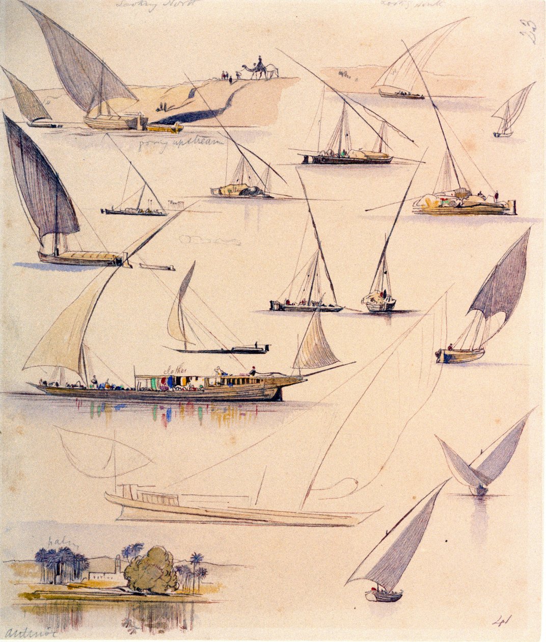 Tutkimukset erilaisista egyptiläisistä veneistä. Värillinen akvarellipiirustus tekijältä Edward Lear