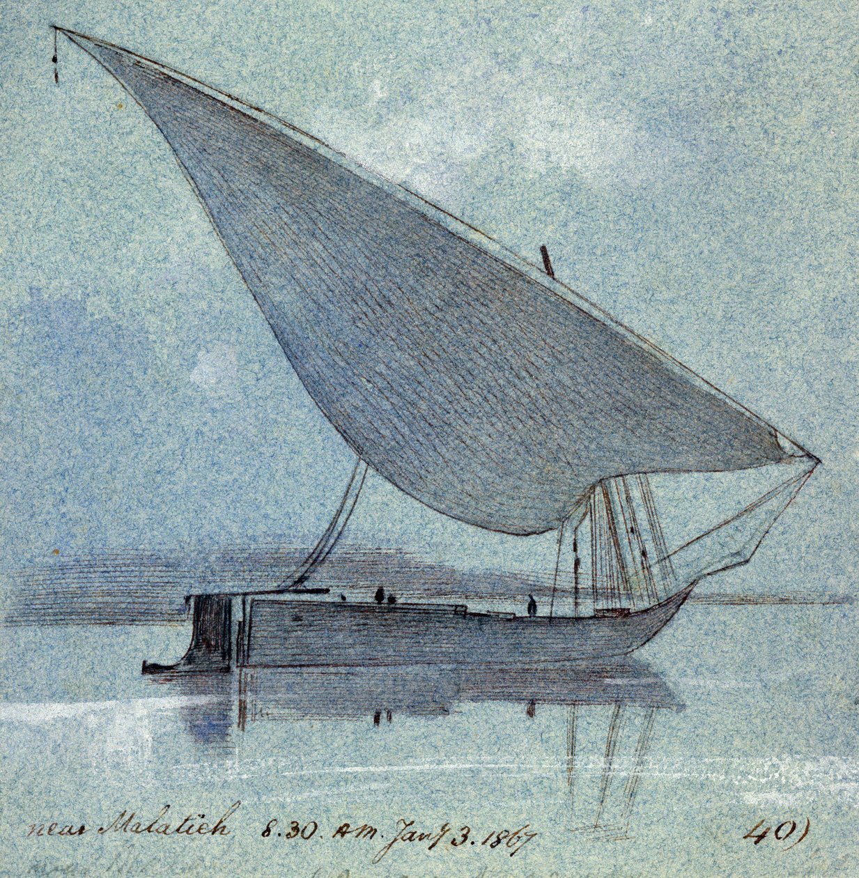 Tutkimus gyasi (egyptiläinen vene) Malatiehin (tai Malatian, Egypti) lähellä. Värillinen akvarellipiirustus tekijältä Edward Lear