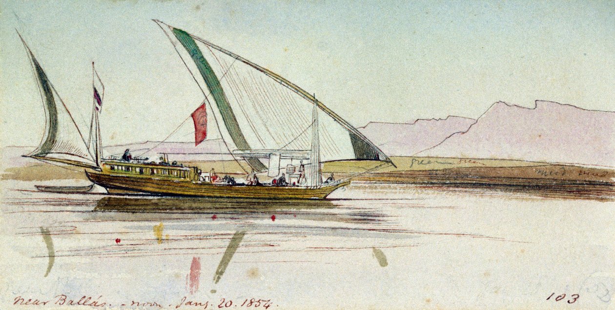 Tutkimus gyassista (egyptiläinen vene) Niilillä lähellä Ballasia (Egypti). Värillinen akvarellipiirustus tekijältä Edward Lear