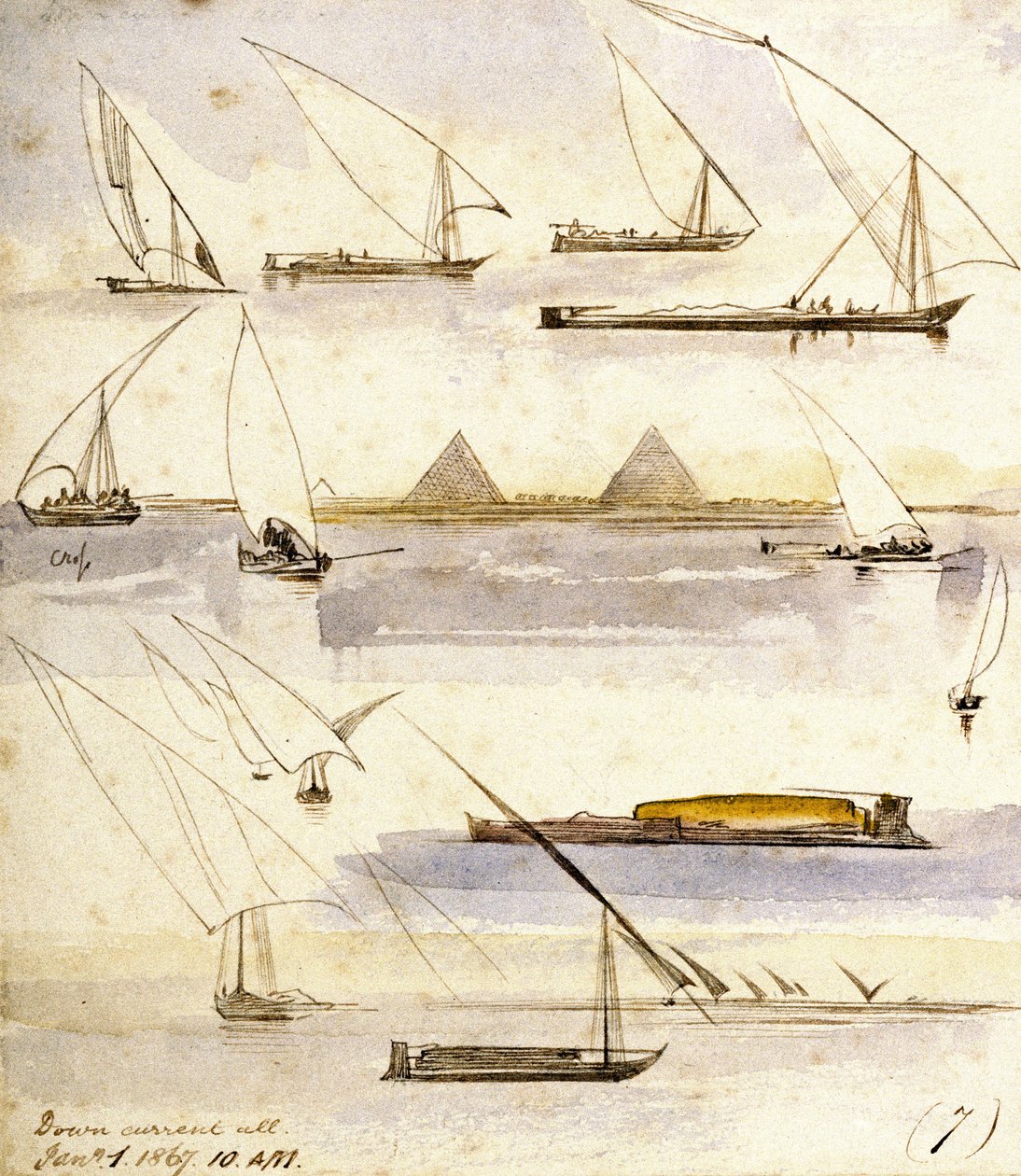 Tutkimus erilaisista egyptiläisistä veneistä (Dahabeeyahit ja Gyassis), sivun keskellä on kohtaus Gizan (Kairo) pyramidien edessä. tekijältä Edward Lear