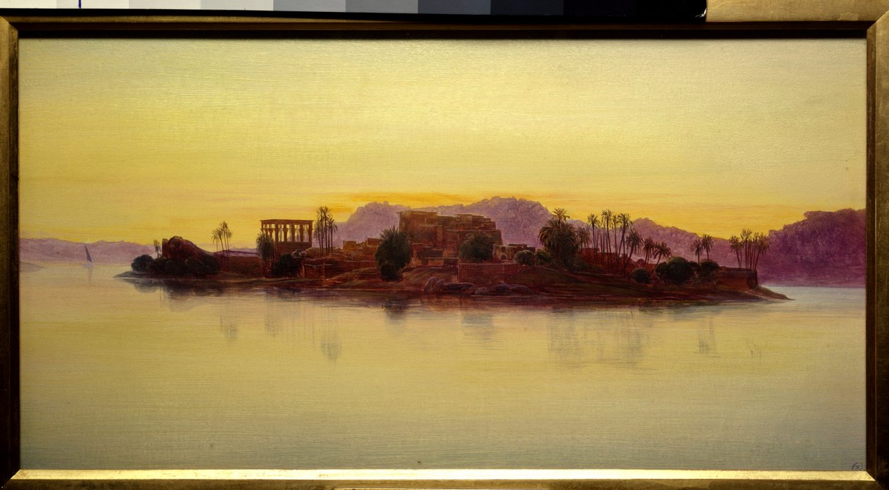 Auringonlasku Philaen saarella Egyptissä Edward Learin (1812-1888) maalaus (ec.angl.) 1861 su. 0,23x0,43 m Chantilly, Musee Conde tekijältä Edward Lear