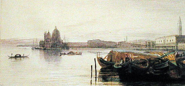 Santa Maria della Saluten kirkko, Venetsia (akvarelli paperille) tekijältä Edward Lear