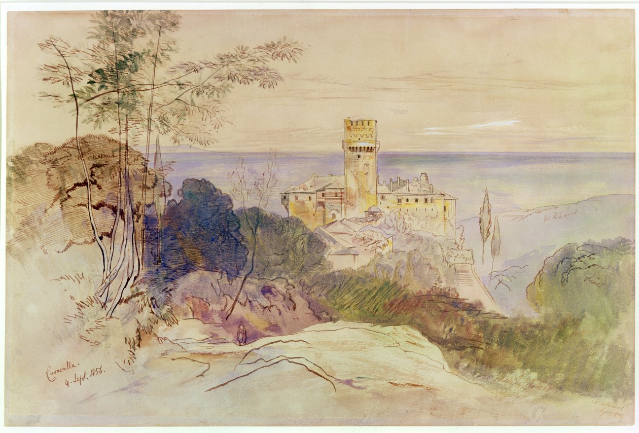 Caracallan luostari, 1856 (kynä & muste & wc paperilla) tekijältä Edward Lear