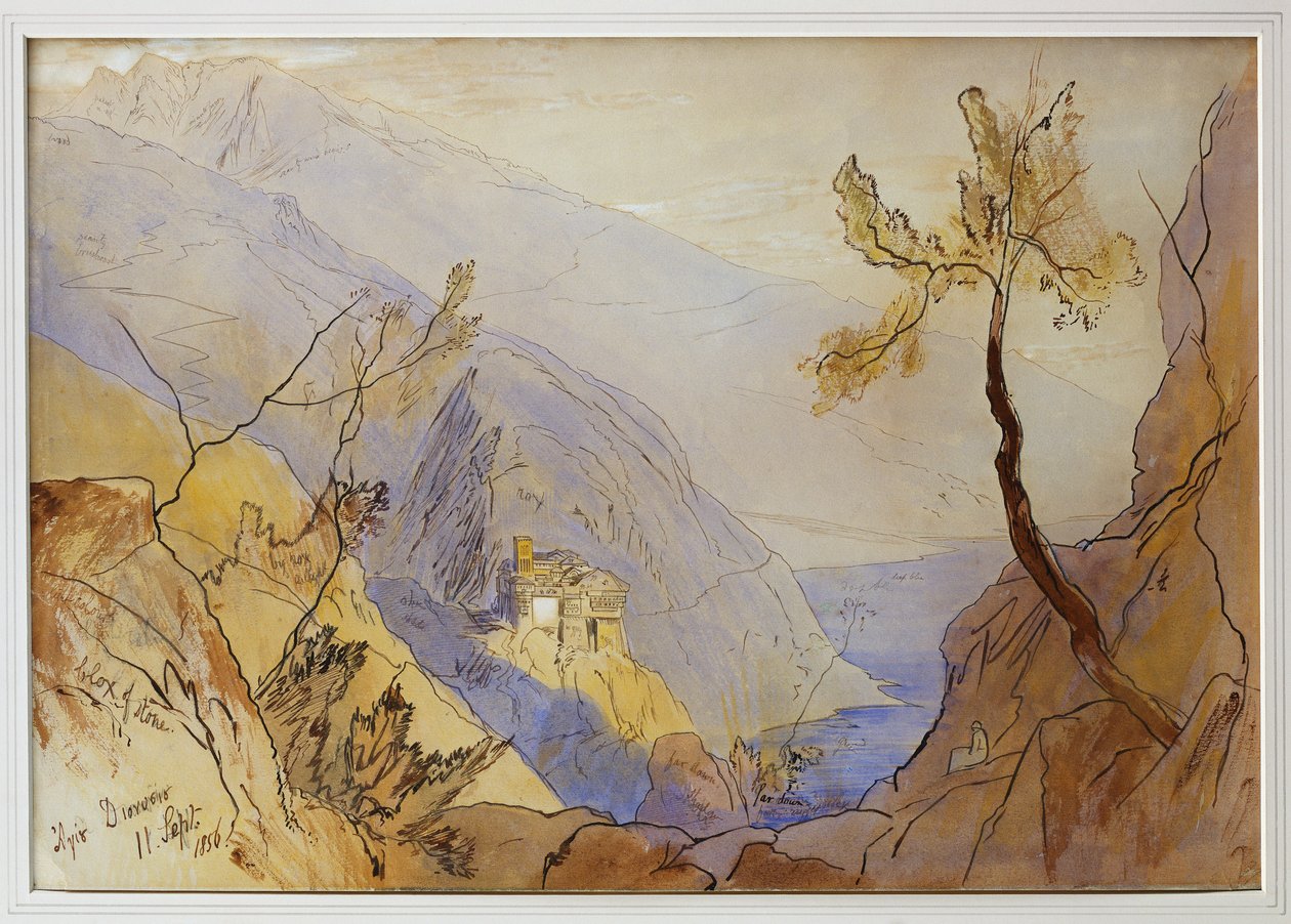 Pyhän Dionysioksen luostari, Athos-vuori, 11. syyskuuta 1856 tekijältä Edward Lear