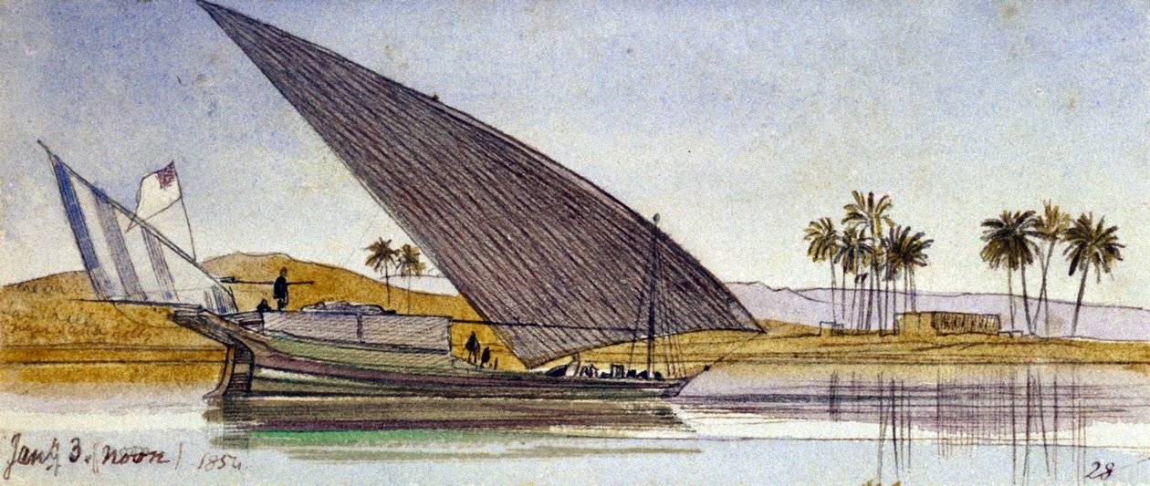 Niilin rannalla (Egypti), ohi kulkee suuri gyassi. Värillinen akvarellipiirros tekijältä Edward Lear