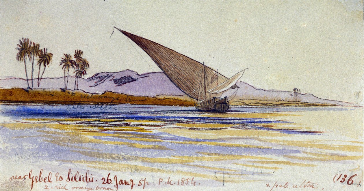Niilin ranta (Egypti), palmuja ja gyassi rantaan päin, lähellä Gebel el Silsilehiä. Värillinen akvarellipiirros tekijältä Edward Lear