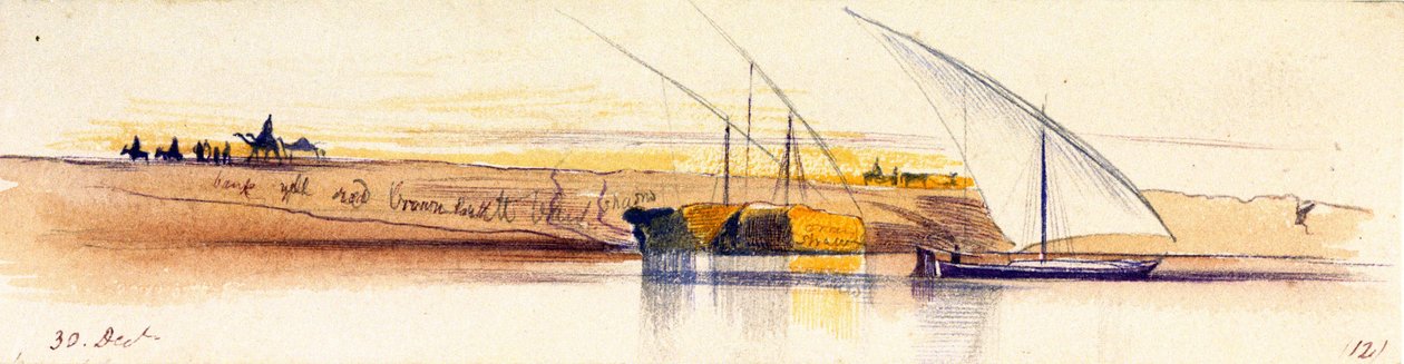 Niilin ranta (Egypti), taustalla kolme laivaa, joista kaksi on lastattu oljilla, taustalla hahmoja ja eläimiä auringon laskiessa. tekijältä Edward Lear