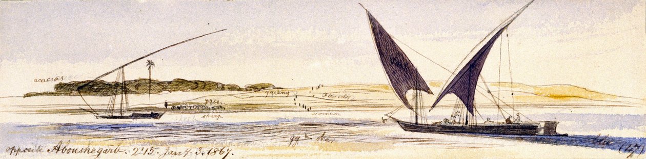 Niilin ja sen rantojen laajuus, kaksi perinteistä egyptiläistä venettä, mukaan lukien Dahabeeya. Värillinen akvarellipiirros tekijältä Edward Lear