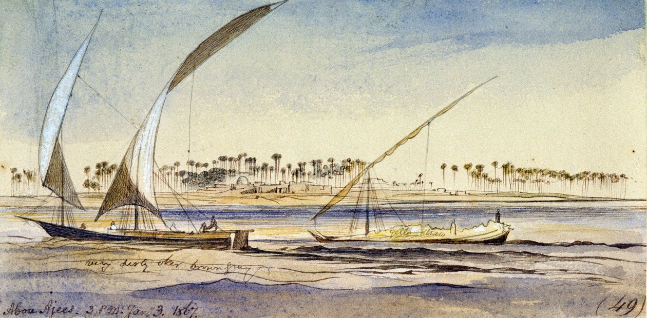 Kaksi egyptiläistä venettä (nuggar ja djem) purjehtimassa Niilillä lähellä Abu Ajeesia (Egypti). Värillinen akvarellipiirros tekijältä Edward Lear