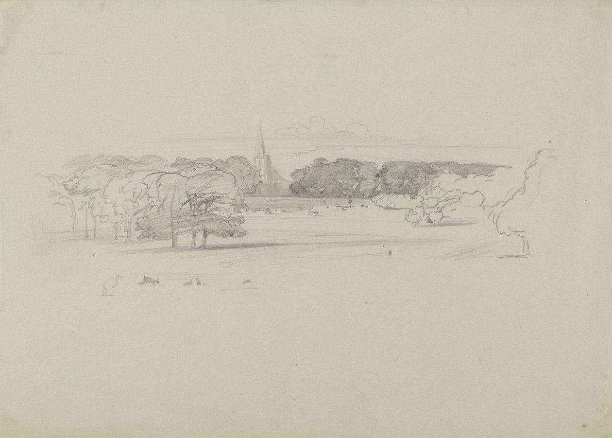 Näkymä niityn yli kirkkoon, 1834 (grafiitti vihreällä raskaalla kudottupaperilla) tekijältä Edward Lear