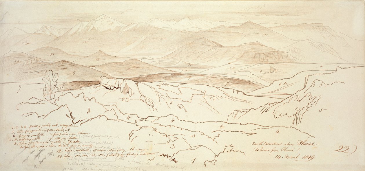 Näkymä Phonian yläpuolella olevilta vuorilta, 1849 tekijältä Edward Lear