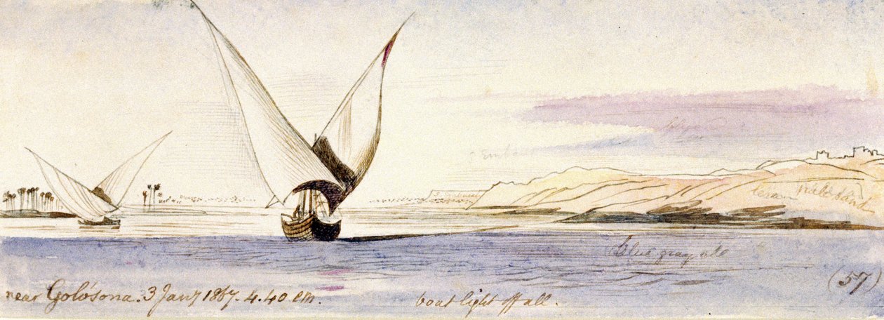 Näkymä Niilille lähellä Golosonaa (Egypti), jossa purjehtii perinteinen egyptiläinen vene. Värillinen akvarellipiirros tekijältä Edward Lear