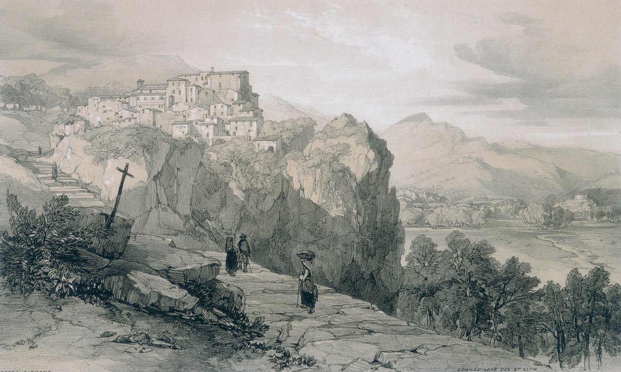 Näkymät Roomassa ja sen ympäristössä: Rocca Giovane ja kaukana Licenses- ja Civitella di Licenses -kaupungit tekijältä Edward Lear