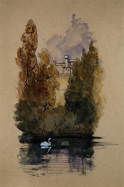 Warwick Castle (kynä ja muste, akvarelli ja vartaloväri paperille) tekijältä Edward Lear