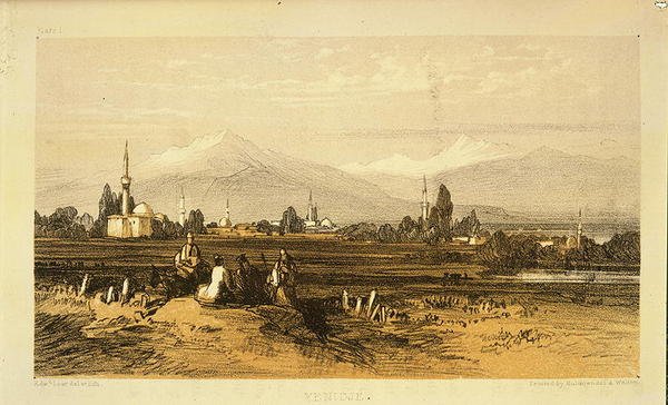 Yenidje, julkaisusta "Journals of a Landscape Painter in Albania and Greece", julkaistu 1851 (värilitho) tekijältä Edward Lear
